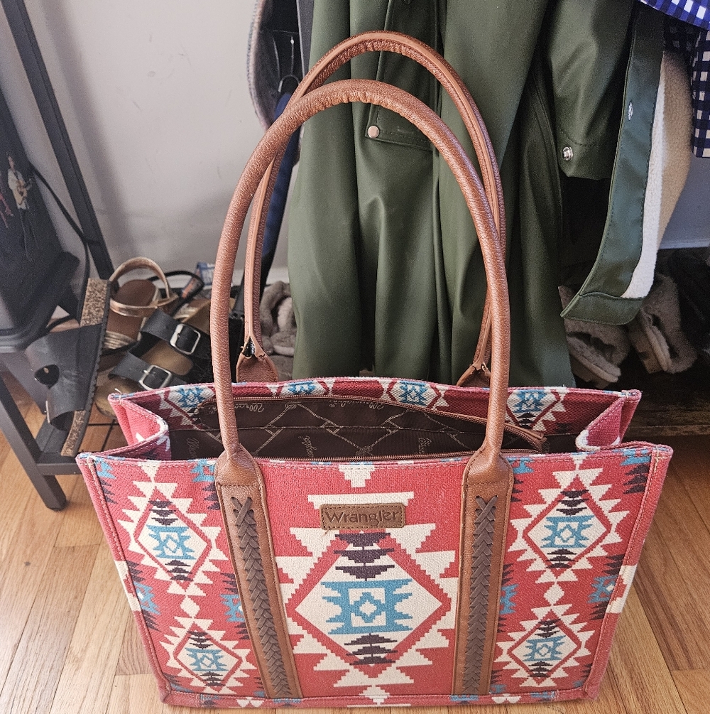 Wrangler Red Aztec Tote with Brown Handles and Turquoise Accents